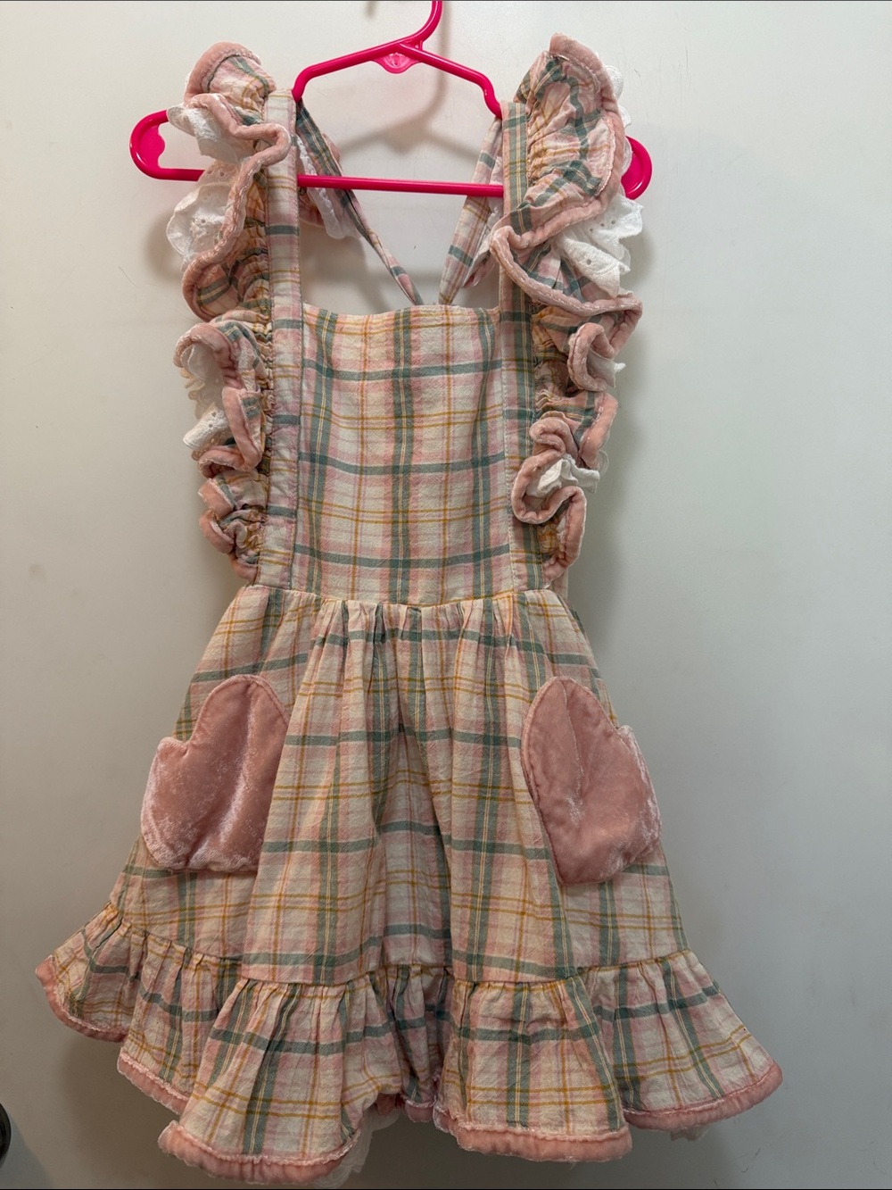 Girls Plaid Ruffle Pinafore Dress with Heart Pockets - Pink/Green